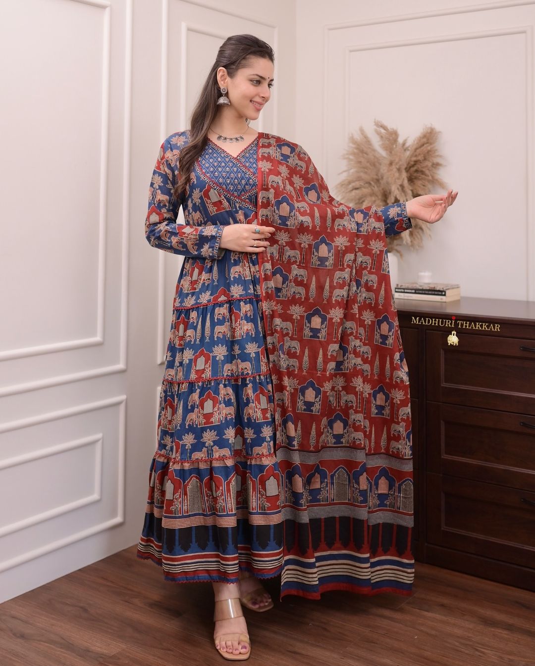 Navy Blue Printed Cotton Anarkali Suit Set with Hand Embroidery and Ma Navy Blue Printed Cotton Anarkali Suit Set with Hand Embroidery and Ma