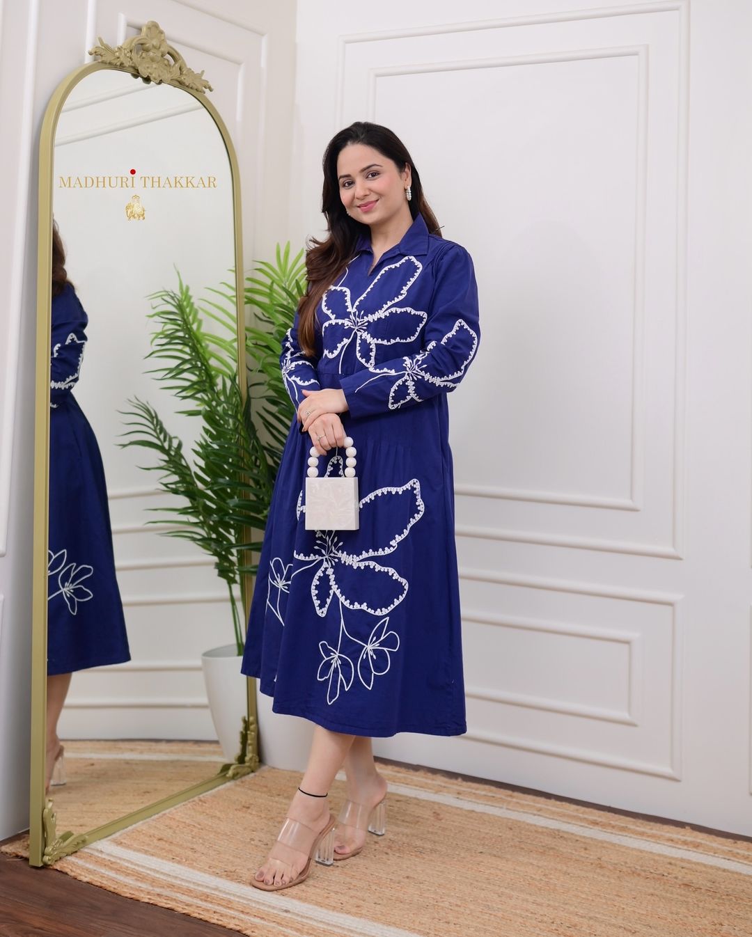 Navy Blue Thread Embroidered Cotton Dress with Pockets