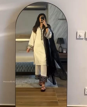 Elegant White Kurta Set with Black Embroidery & Dupatta