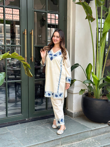 Cream & Blue Embroidered Co-ord Set