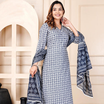 Floral Print 3/4 Sleeve Blue Color Pure Cotton Kurti