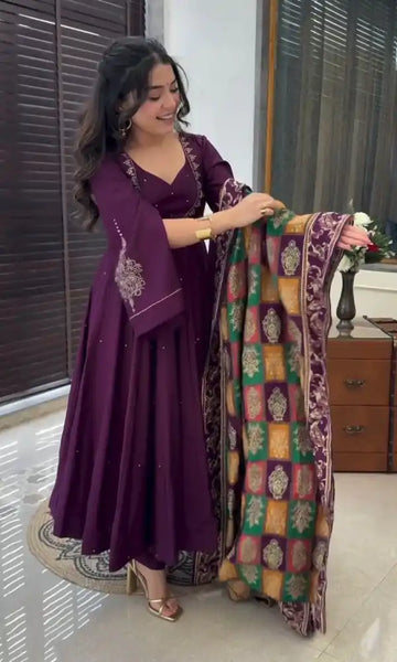 Embellished Chinnon Silk Set with Purple Dupatta and Bottom – Ready to Wear