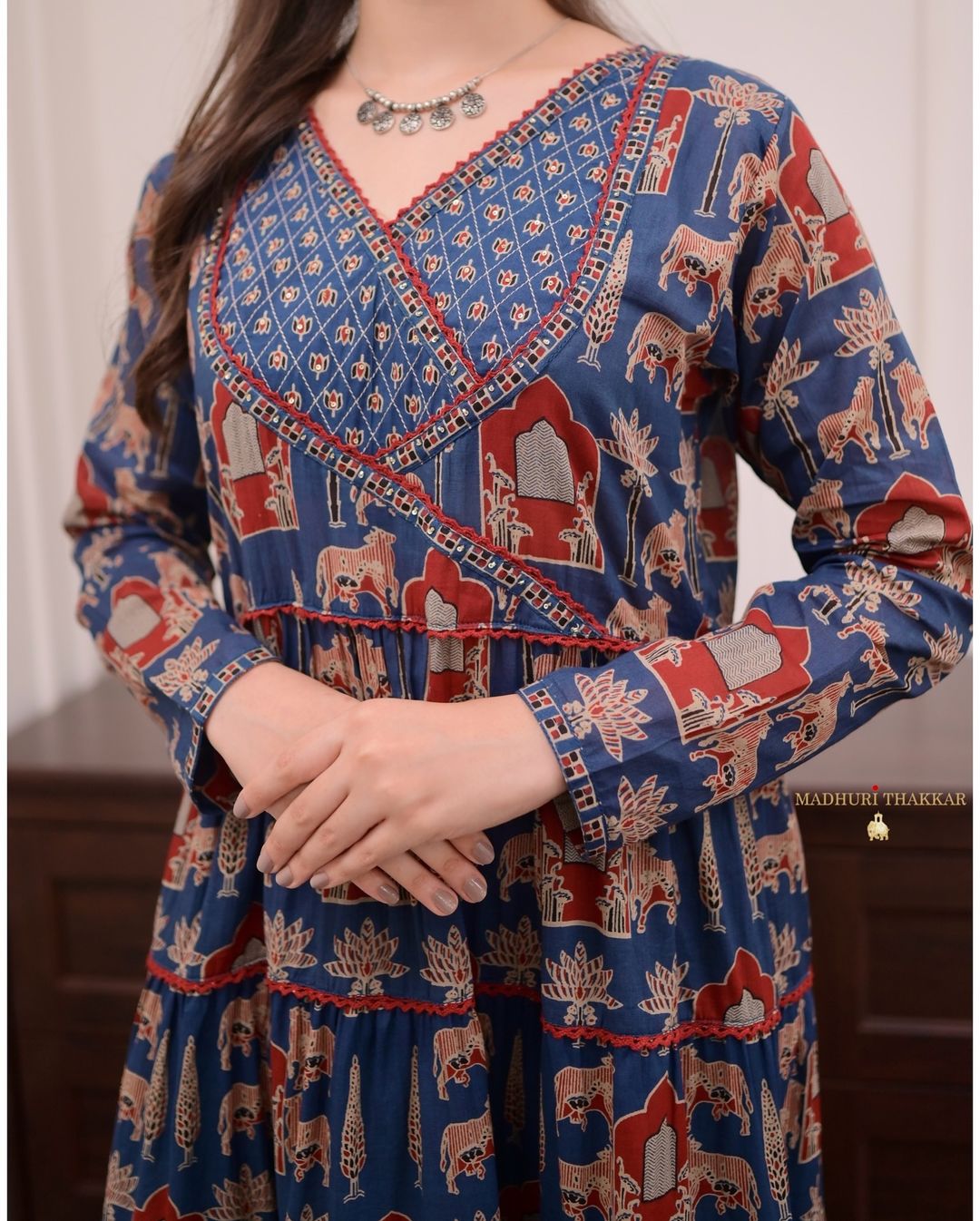 Navy Blue Printed Cotton Anarkali Suit Set with Hand Embroidery and Matching Dupatta