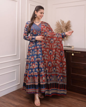 Navy Blue Printed Cotton Anarkali Suit Set with Hand Embroidery and Matching Dupatta