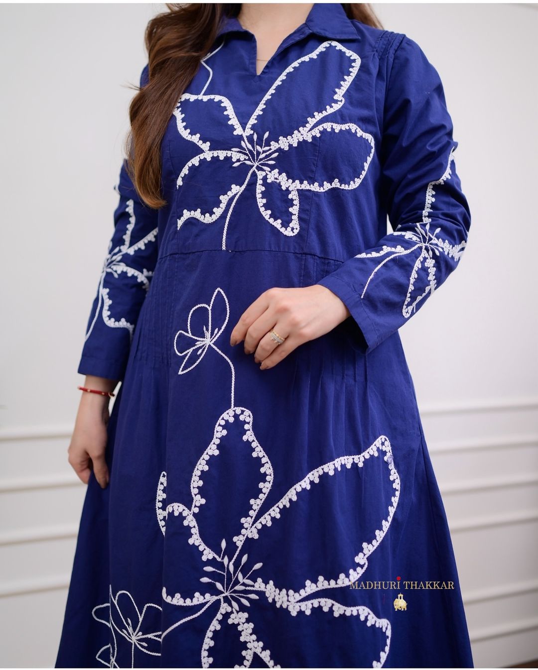 Navy Blue Thread Embroidered Cotton Dress with Pockets
