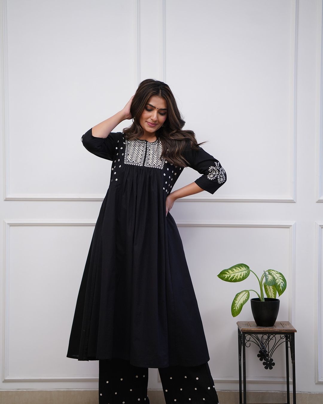 Black Flared Cotton Plazo Set with Embroidery Detailing – Elegant and Comfortable