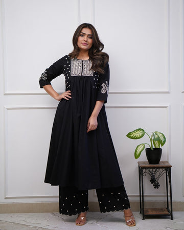 Black Flared Cotton Plazo Set with Embroidery Detailing – Elegant and Comfortable