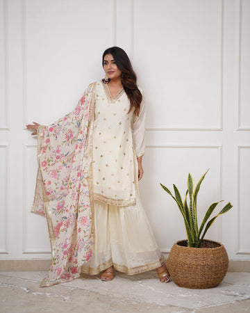 Ivory Crepe Silk Sharara Set with Handwork Detailing – Perfect for Festivities