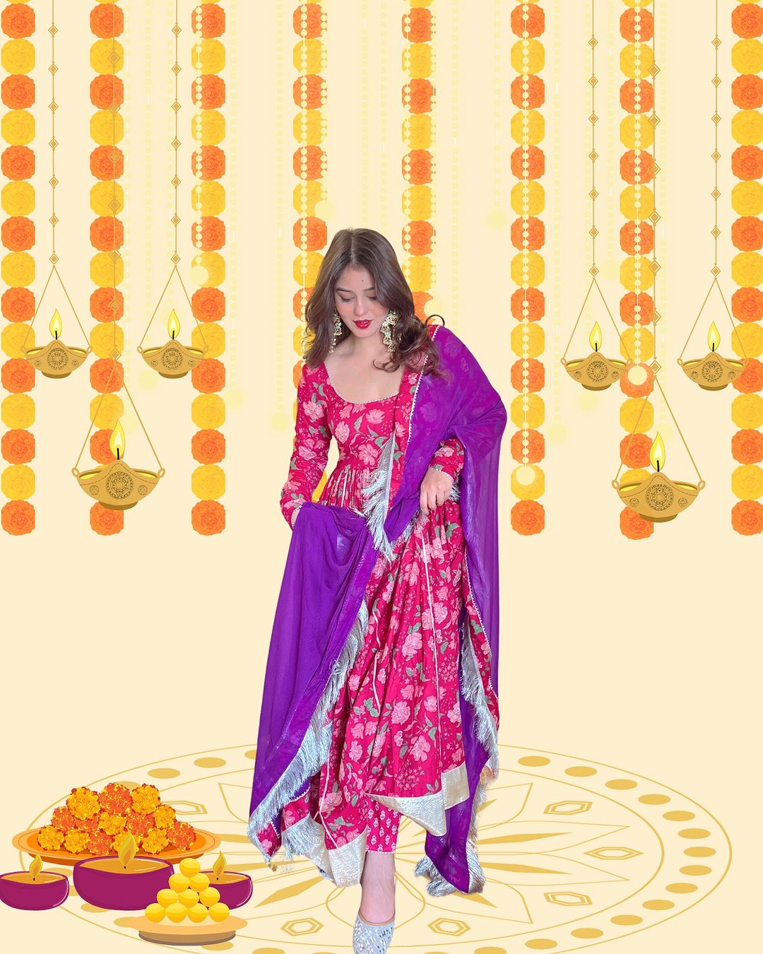 Rani Pink Anarkali Set with Purple Dupatta – Festive Elegance with Silver Embellishments