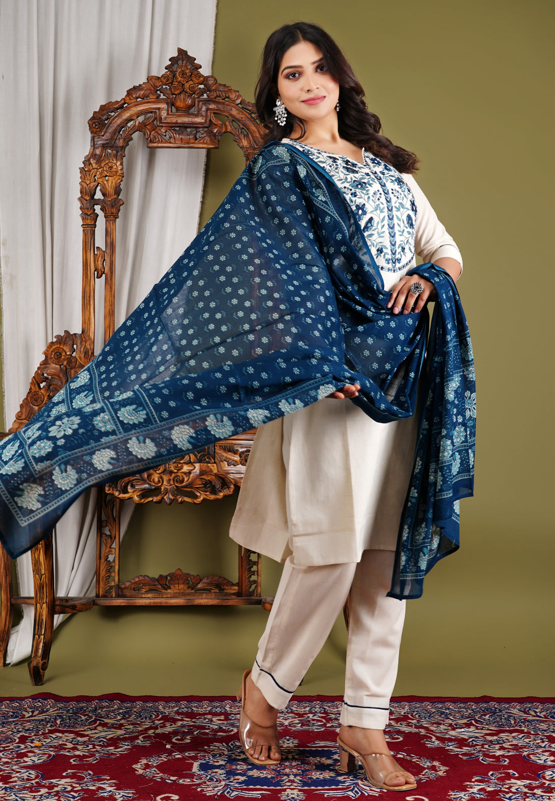 Off-White Embroidered Suit Set with Dupatta