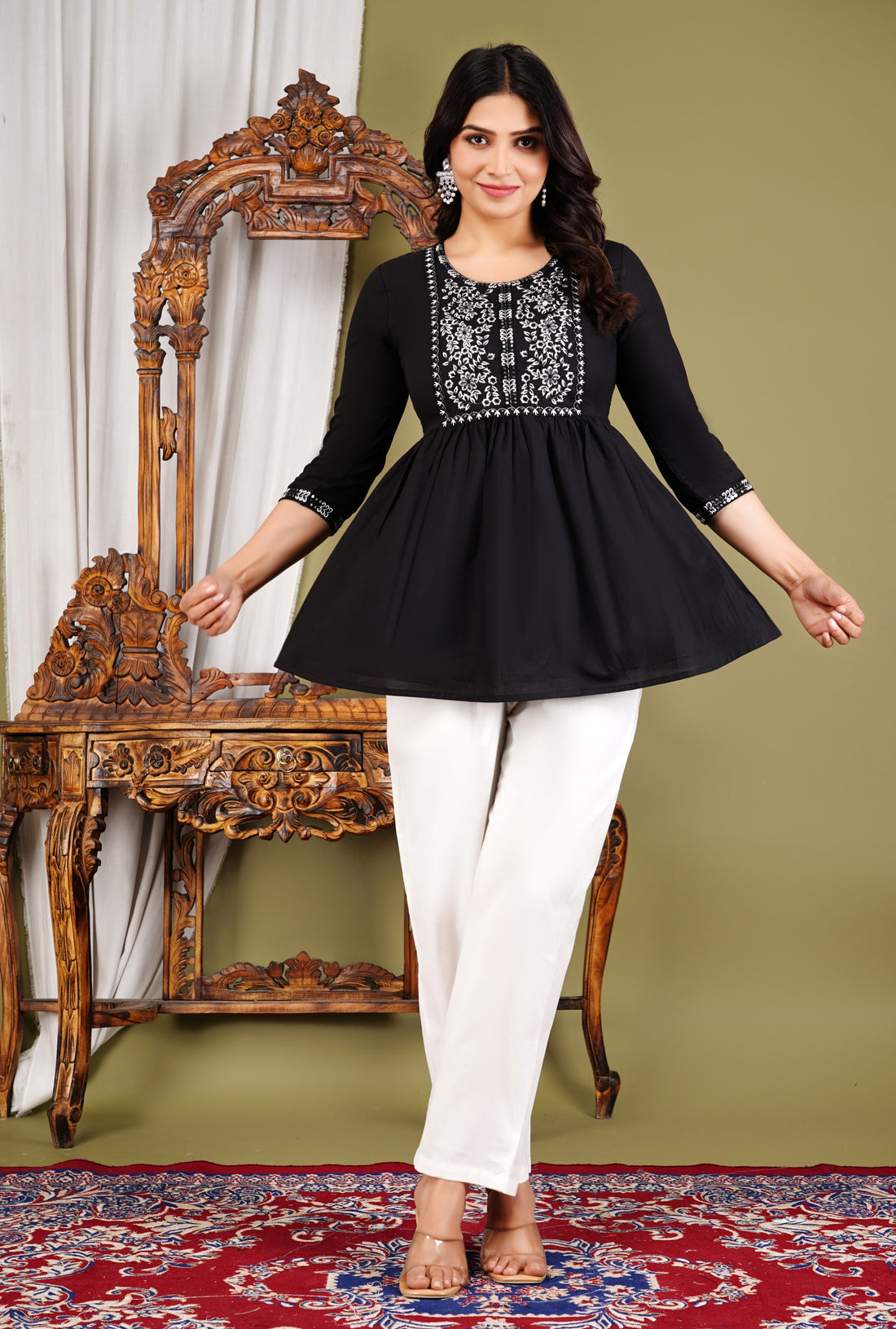 Black Embroidered Cotton Short Kurta & Pant Set