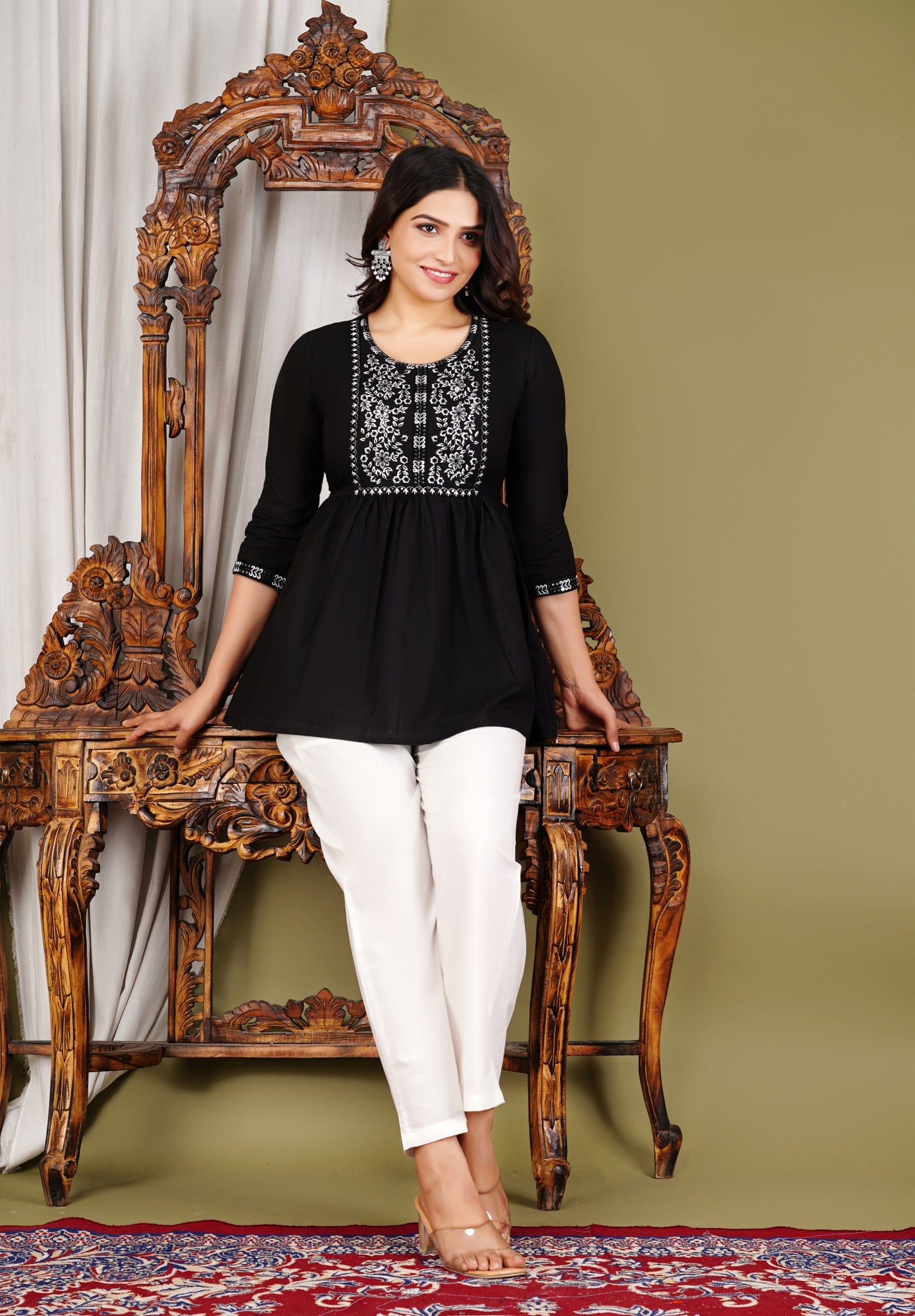 Black Embroidered Cotton Short Kurta & Pant Set