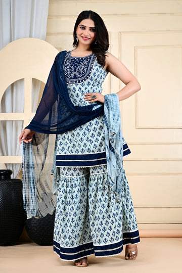 Women’s Cotton Blend Kurta Sharara Set – Elegant Printed Ethnic Wear