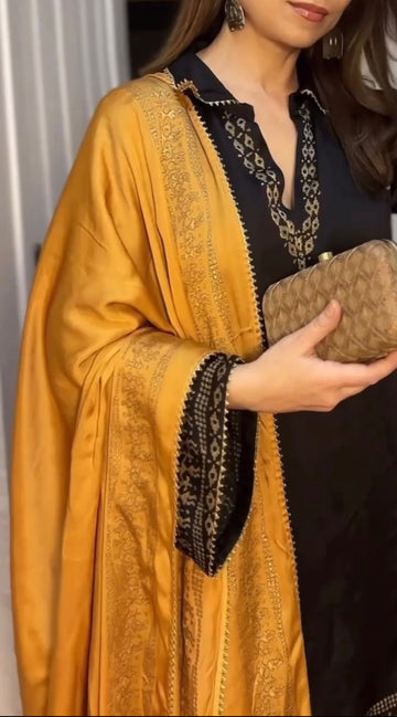 Royal Black Embroidered Suit with Dupatta